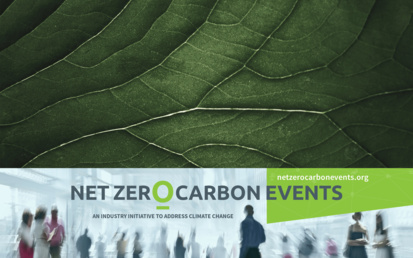Net Zero Carbon Events Pledge Banner with Green leaf texture